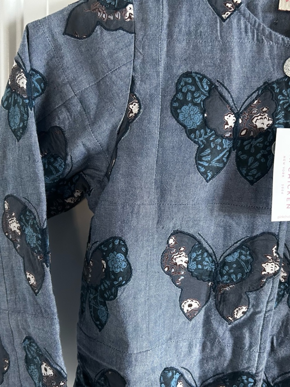 Pink Chicken Blue Chambray Butterfly Reversible Quilted Jacket Sz 6 - Picture 4 of 7